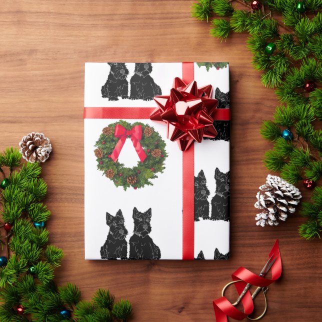 Schottische Terrier mit Weihnachtskranz Geschenkpapier (Feiertagsgeschenk)