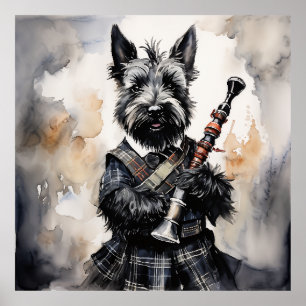Schottische Terrier spielen Bagpipe in einer Kilot Poster