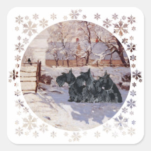Schottische Terrier Winter Elster Quadratischer Aufkleber