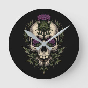 Schottische Totenkopf-Distel-Rundwanduhr Dunkler Runde Wanduhr