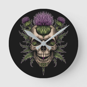 Schottische Totenkopf-Distel-Rundwanduhr Dunkles Runde Wanduhr