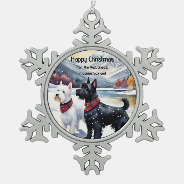 Schottische Weihnachtsschmuck, Westie, Schottland Schneeflocken Zinn-Ornament (Vorderseite)