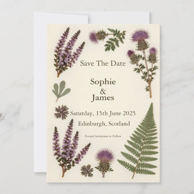 Schottische Wildblumen Heide Distel Farn Save the  Date (Vorderseite)