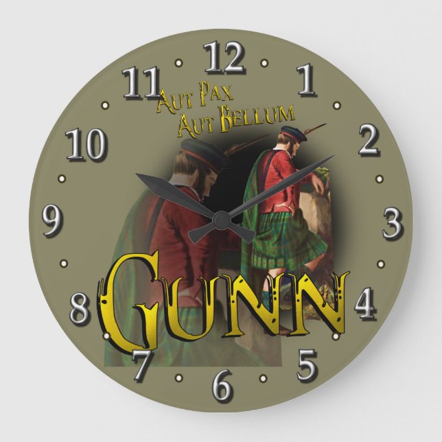 Schottischer Clan-GunnTartan Große Wanduhr (Vorderseite)