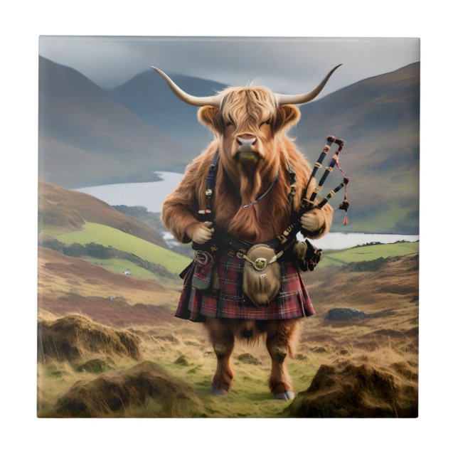 Schottischer Highland-Kuh Dudelsackpfeifer,  Fliese (Vorderseite)