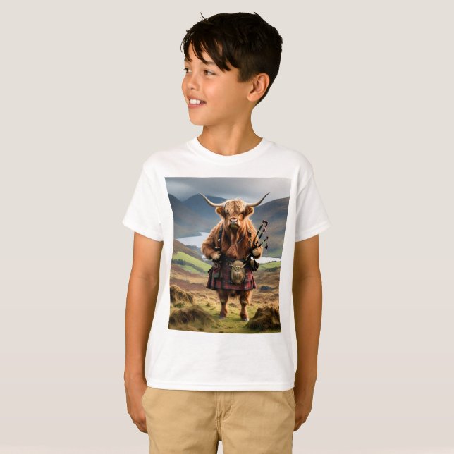 Schottischer Hochland Kuh Bagpiper, Kids Tshirt (Vorne ganz)
