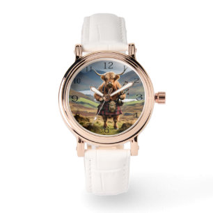 Schottischer Humor: Highland-Cow-Bagpiper-Lady-Uhr Armbanduhr