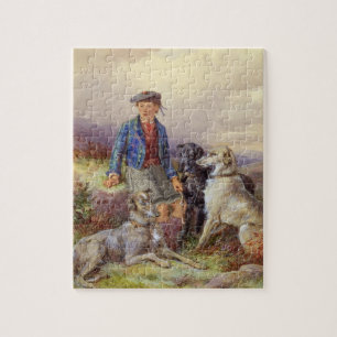 Schottischer Junge mit Wolfhounds in einem Puzzle