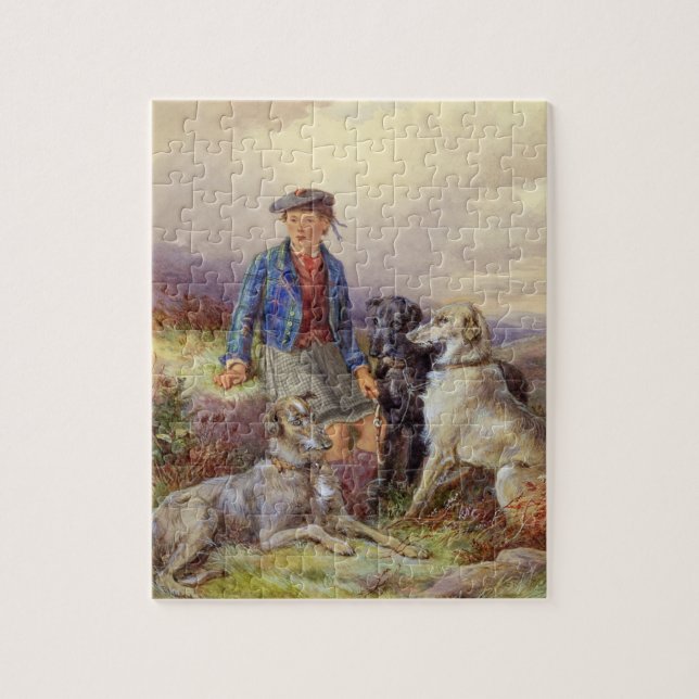 Schottischer Junge mit Wolfhounds in einem Puzzle (Vertikal)
