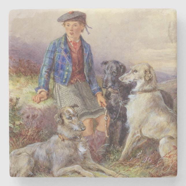 Schottischer Junge mit Wolfhounds in einem Steinuntersetzer (Vorderseite)