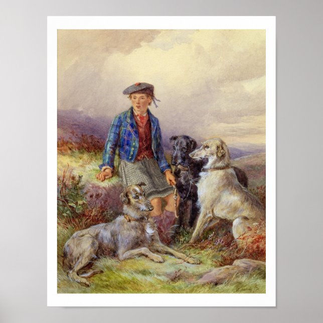 Schottischer Junge mit Wolfhunden in einem Hochlan Poster (Vorne)