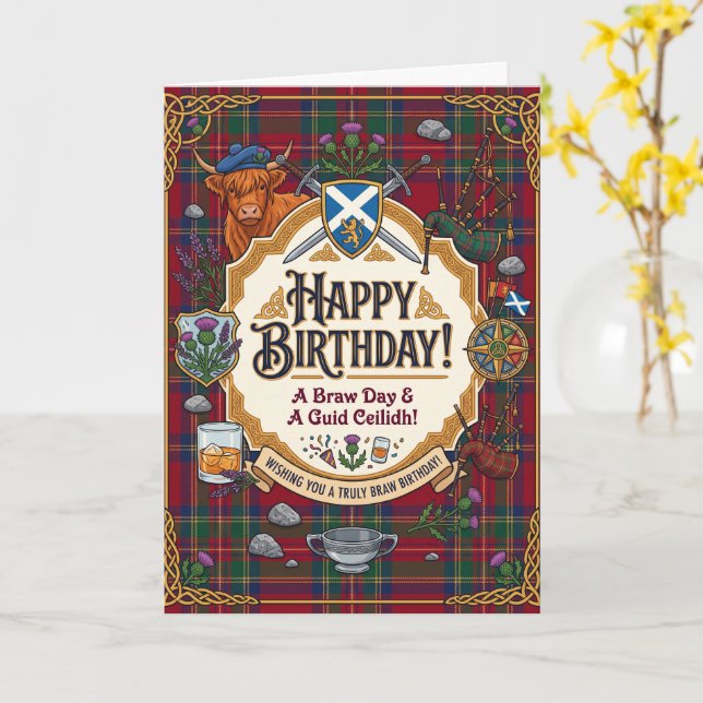 Schottischer Tartan-Geburtstag Karte (Gelbe Blume)