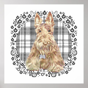 Schottischer Tartan-Scottie Schwarz & Weiß Poster