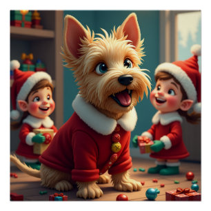 Schottischer Terrier hilft Weihnachtselfen Poster