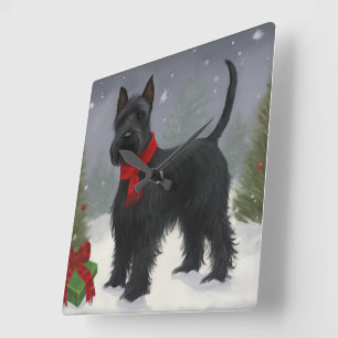 Schottischer Terrier Hund im Schnee Weihnachten Quadratische Wanduhr