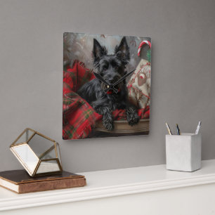 Schottischer Terrier Hund Weihnachtsfestlich Quadratische Wanduhr