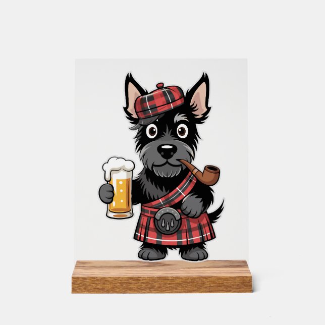 Schottischer Terrier im Schottenkaro-Kilt mit Bier Acrylschild (Vorderseite)