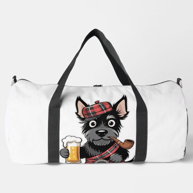 Schottischer Terrier im Schottenkaro-Kilt mit Bier Duffle Bag (Vorderseite)