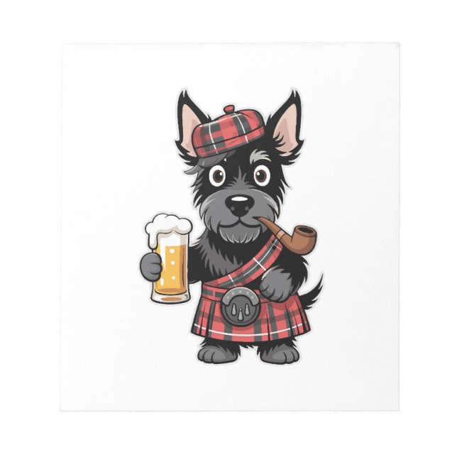 Schottischer Terrier im Schottenkaro-Kilt mit Bier Notizblock (Vorderseite)