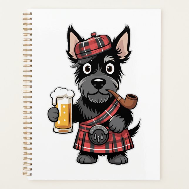 Schottischer Terrier im Schottenkaro-Kilt mit Bier Planer (Vorderseite)