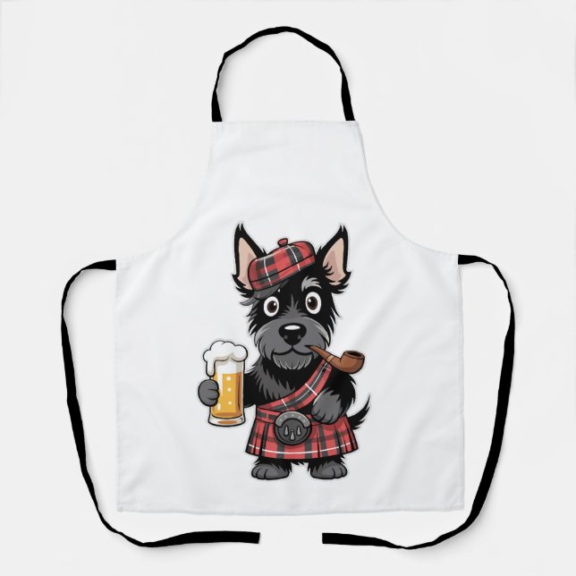 Schottischer Terrier im Schottenkaro-Kilt mit Bier Schürze (Vorderseite)