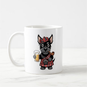 Schottischer Terrier in Schottenrock mit Bier und Kaffeetasse