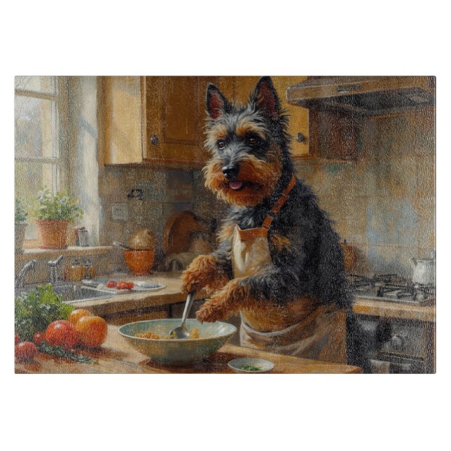 Schottischer Terrier kocht in der Küche Schneidebrett (Vorderseite)