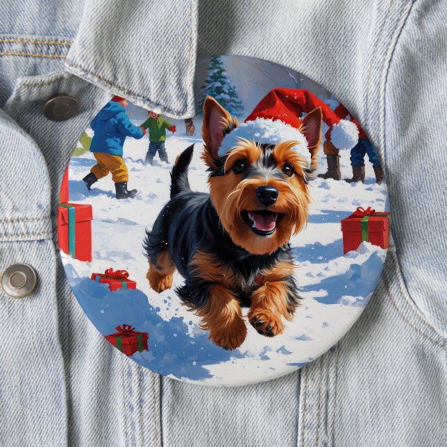 Schottischer Terrier läuft durch Schnee mit Weihna Button (Beispiel)