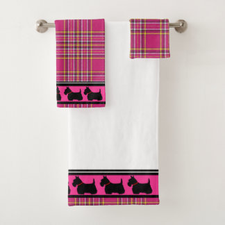 Schottischer Terrier/Roter Kragen/Rosa kariert/Gre Badhandtuch Set