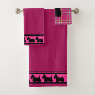 Schottischer Terrier/Roter Kragen/Rosa kariert/Gre Badhandtuch Set