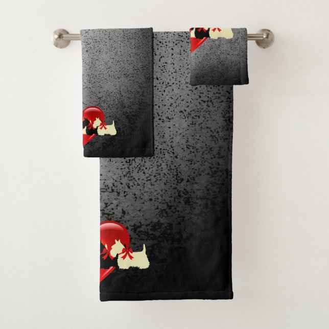 Schottischer Terrier/rotes Herz/Roter Bogen/Granit Badhandtuch Set (Insitu)
