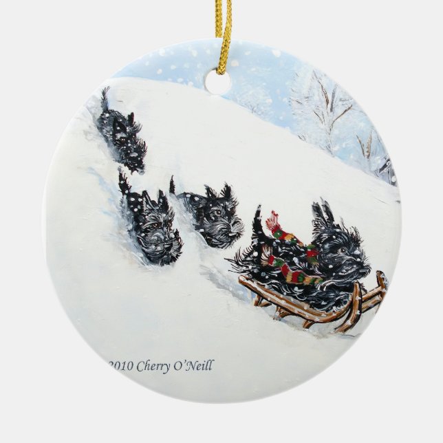 Schottischer Terrier-Schlitten Keramik Ornament (Vorne)