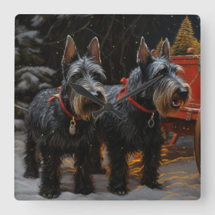 Schottischer Terrier Schneebedeckter Schlitten Wei Quadratische Wanduhr