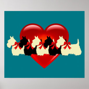 Schottischer Terrier Schwarz/Weiß-Silhouette Herz/ Poster