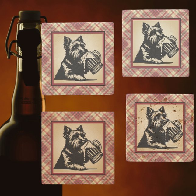 Schottischer Terrier Tartan Karo Erdtöne Steinuntersetzer (Scottish Terrier coasters available in 4 different stones.)