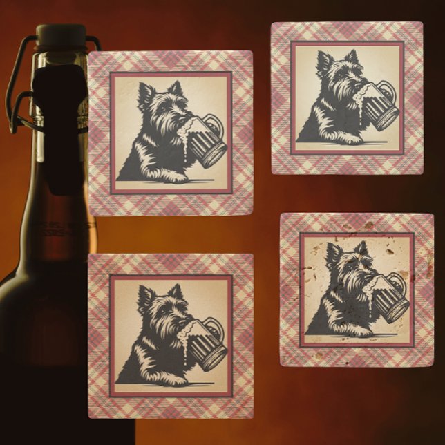 Schottischer Terrier Tartan Karo Erdtöne Steinuntersetzer (Chic Scottish Terrier coasters available in 4 different stones.)