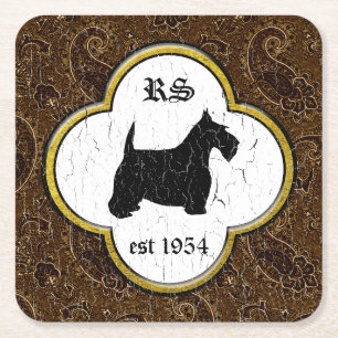 Schottischer Terrier Vintage Paisley Personalisier Rechteckiger Pappuntersetzer