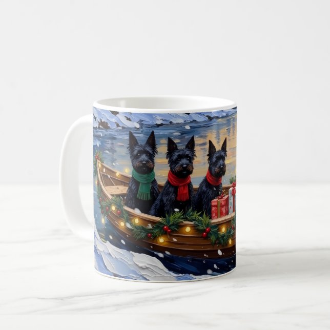 Schottischer Terrier Weihnachtsboot-Feiertag Kaffeetasse (Vorderseite Links)