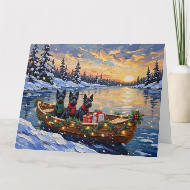 Schottischer Terrier Weihnachtsboot-Feiertag Karte (Vorderseite)