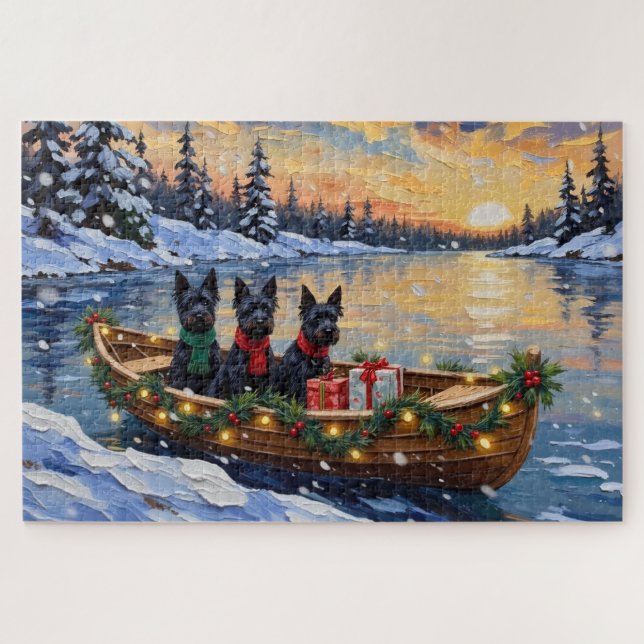 Schottischer Terrier Weihnachtsboot-Feiertag Puzzle (Horizontal)