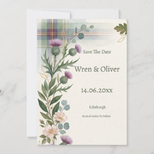 Schottischer Wildblumen-Distel-Tartan-Hochzeit Sav Save The Date