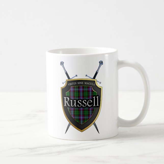 Schottisches Clan-Russelltartan-Schild u. Kaffeetasse (Rechts)