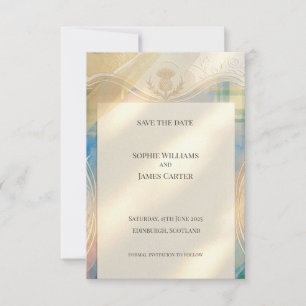 Schottisches Distel-Tartan Save-the-Date   Gold-Em Save The Date