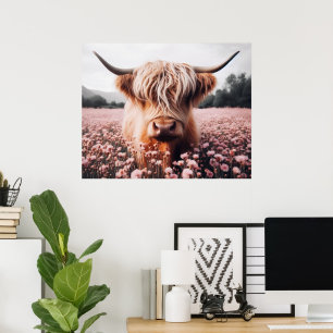 Schottisches Highland-Rind Wildblumenfeld Poster