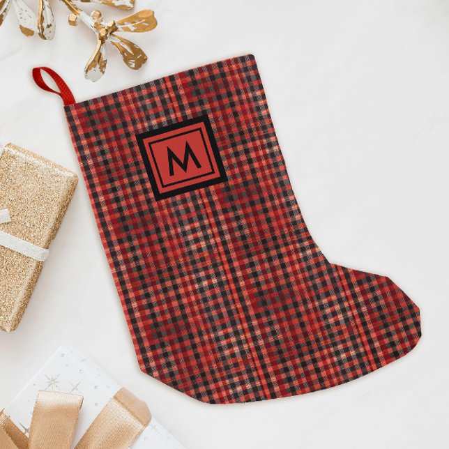 Schottisches Rot-Tartan-Gingham-Muster Schwarzes M Kleiner Weihnachtsstrumpf (Von Creator hochgeladen)