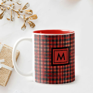 Schottisches Rotkariertes Gingham-Tartan-Monogramm Zweifarbige Tasse