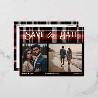 Schottisches Schwarz-Rot-Tartan Save-the-Date Folie Einladungspostkarte