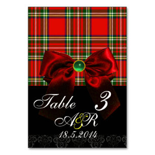 SCHOTTISCHES TARTAN MIT ROTEM SCHLEIFENMONOGRAMM TISCHNUMMER
