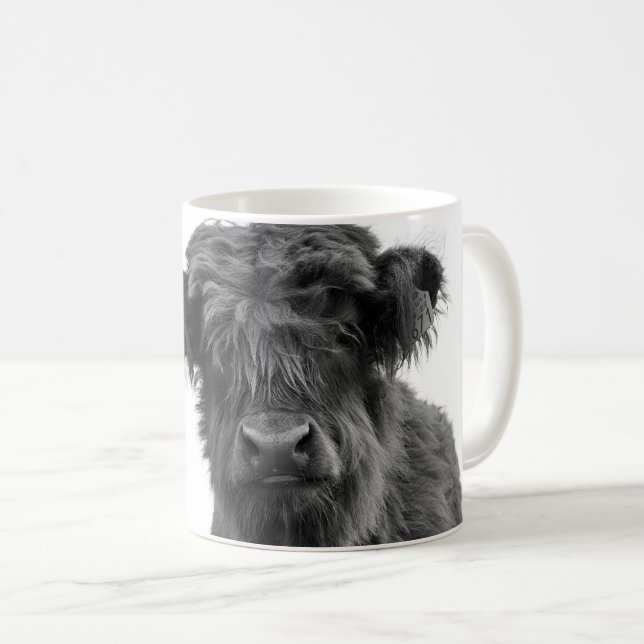 Schottish Highland cow black and white photo mug Kaffeetasse (VorderseiteRechts)