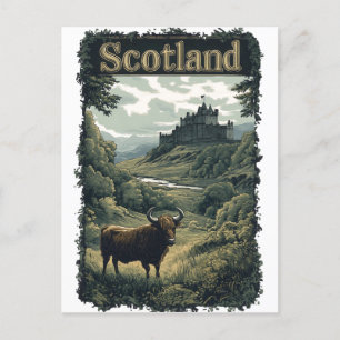 Schottland-Design: Hochland-Kuh, Burg und Landscha Postkarte